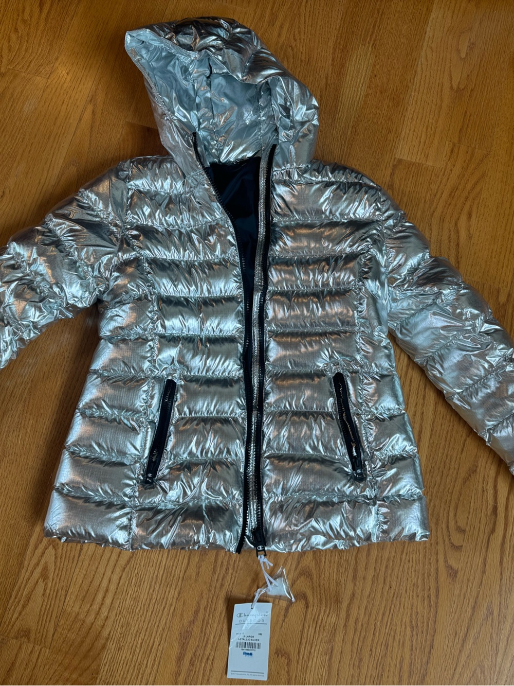 NWT Champion Metallic Silver Hooded Puffer Jacket